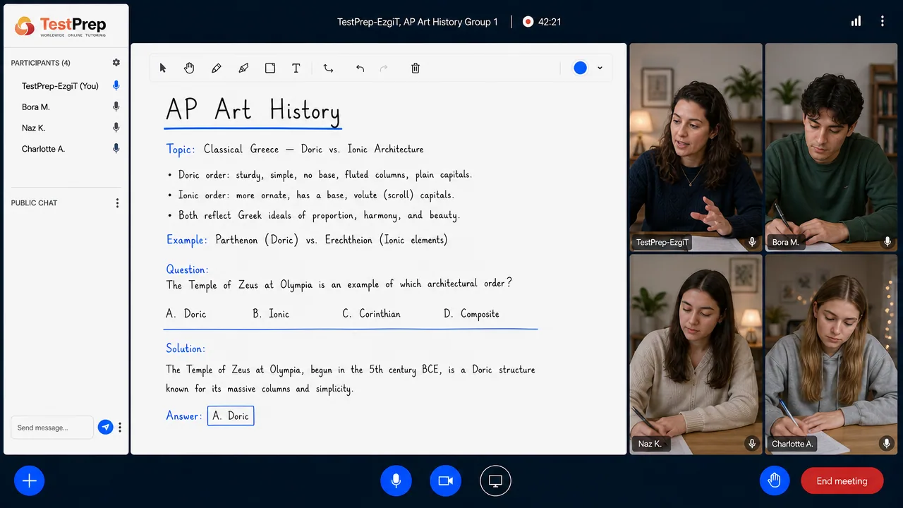 TestPrep sınıfında AP Art History canlı online ders görünümü