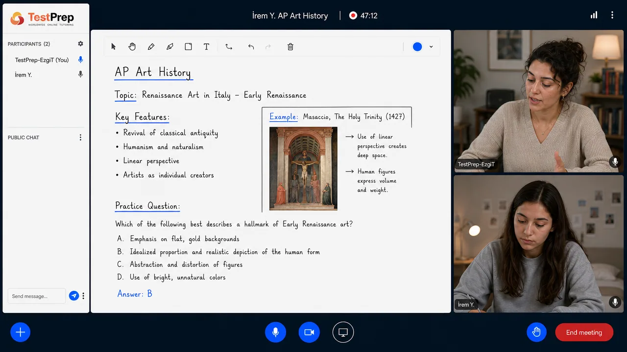 TestPrep sınıfında AP Art History birebir dersi — eğitmen ve öğrenci tahtada birlikte çalışıyor