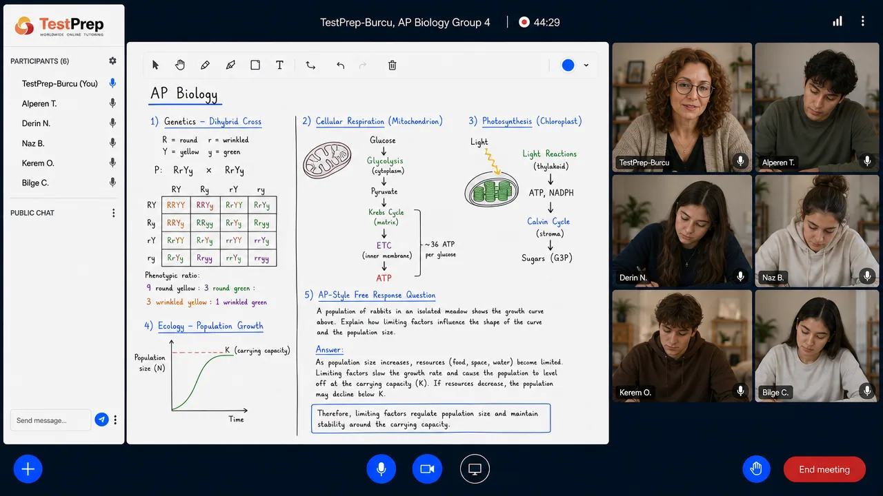 TestPrep sınıfında AP Biology grup dersi görünümü