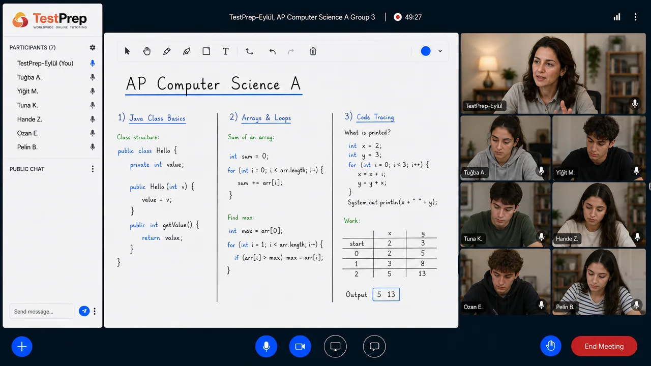 TestPrep sınıfında AP Computer Science A grup dersi görünümü