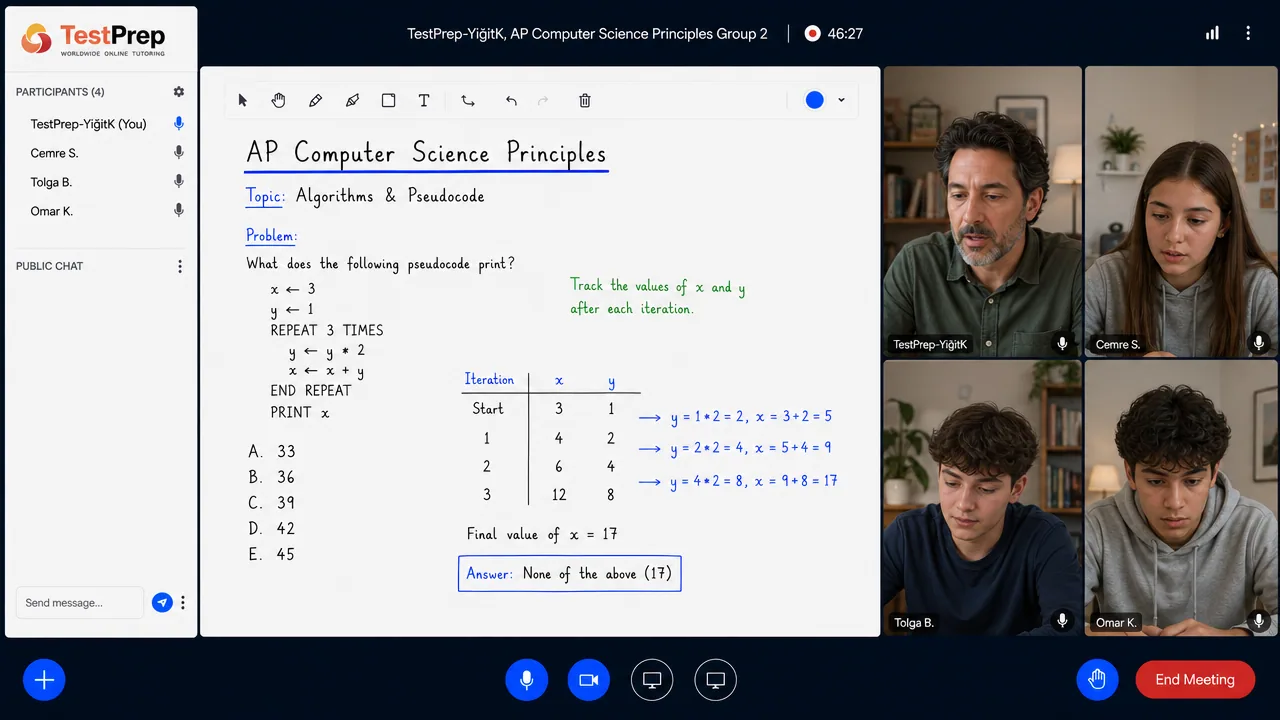 TestPrep sınıfında AP Computer Science Principles canlı online ders görünümü