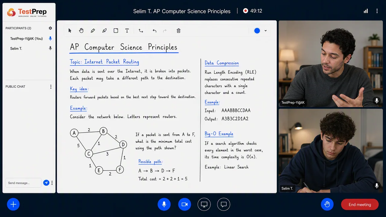 TestPrep sınıfında AP Computer Science Principles birebir dersi — eğitmen ve öğrenci tahtada birlikte çalışıyor