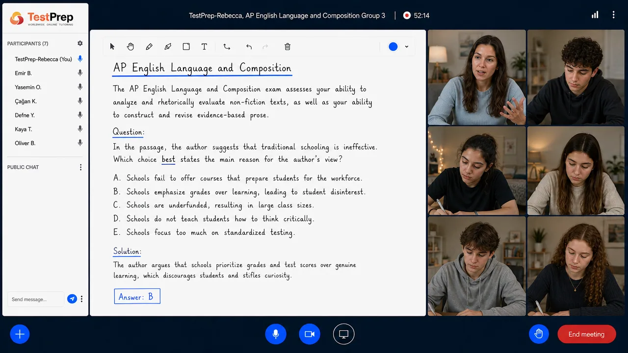 TestPrep sınıfında AP English Language grup dersi görünümü