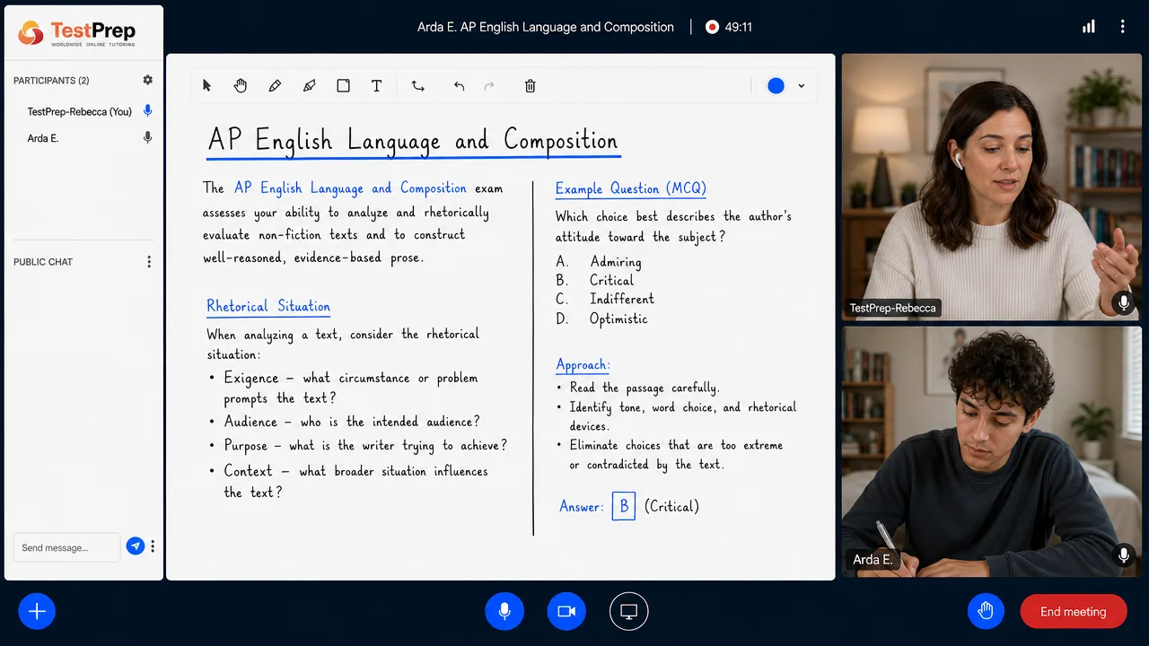 TestPrep sınıfında AP English Language birebir dersi — eğitmen ve öğrenci tahtada birlikte çalışıyor