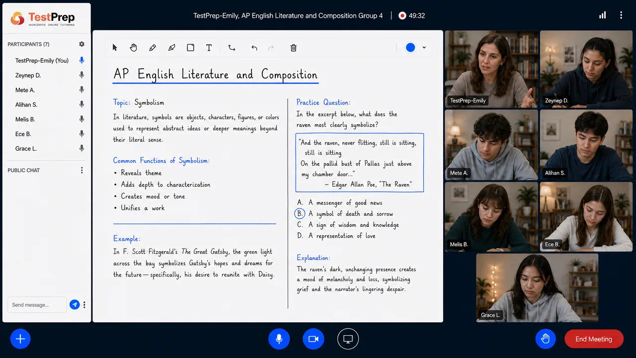 TestPrep sınıfında AP English Literature grup dersi görünümü