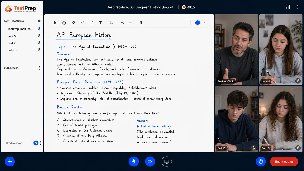 TestPrep sınıfında AP European History grup dersi görünümü