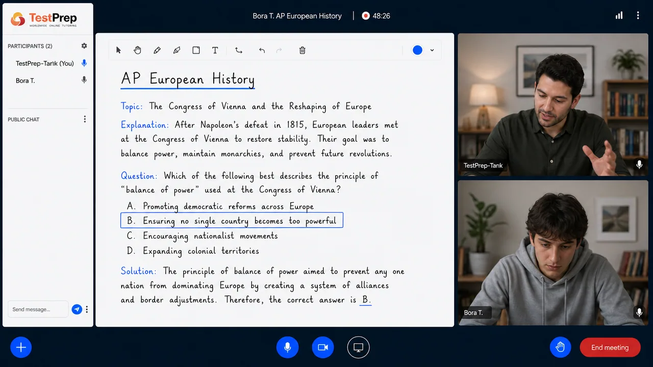 TestPrep sınıfında AP European History birebir dersi — eğitmen ve öğrenci tahtada birlikte çalışıyor