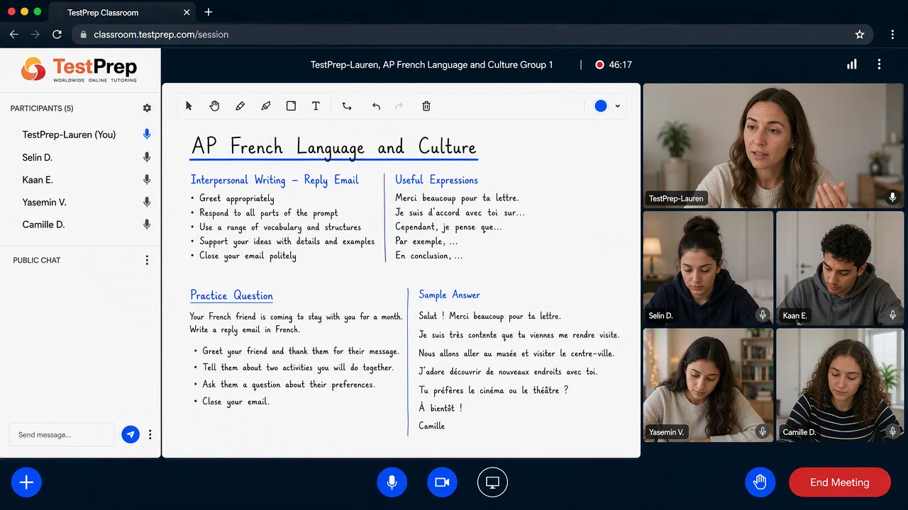 TestPrep sınıfında AP French Language & Culture canlı online ders görünümü