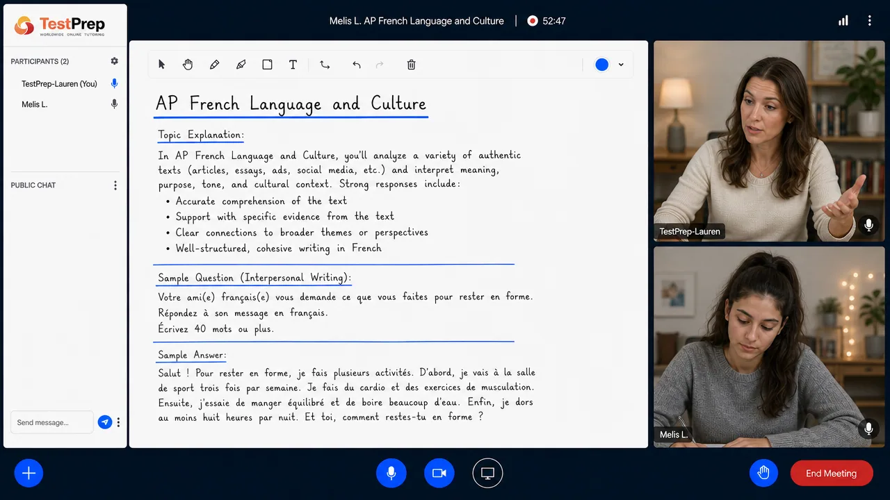 TestPrep sınıfında AP French Language & Culture birebir dersi — eğitmen ve öğrenci tahtada birlikte çalışıyor