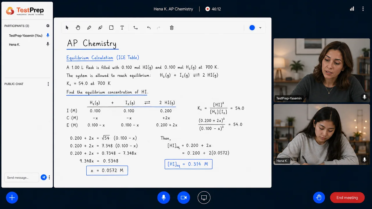 TestPrep sınıfında AP Chemistry birebir dersi — eğitmen ve öğrenci tahtada birlikte çalışıyor