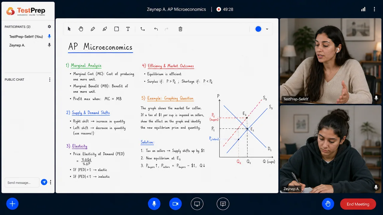 TestPrep sınıfında AP Microeconomics birebir dersi — eğitmen ve öğrenci tahtada birlikte çalışıyor