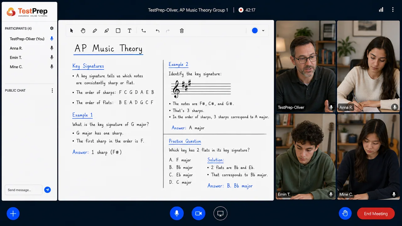 TestPrep sınıfında AP Music Theory canlı online ders görünümü
