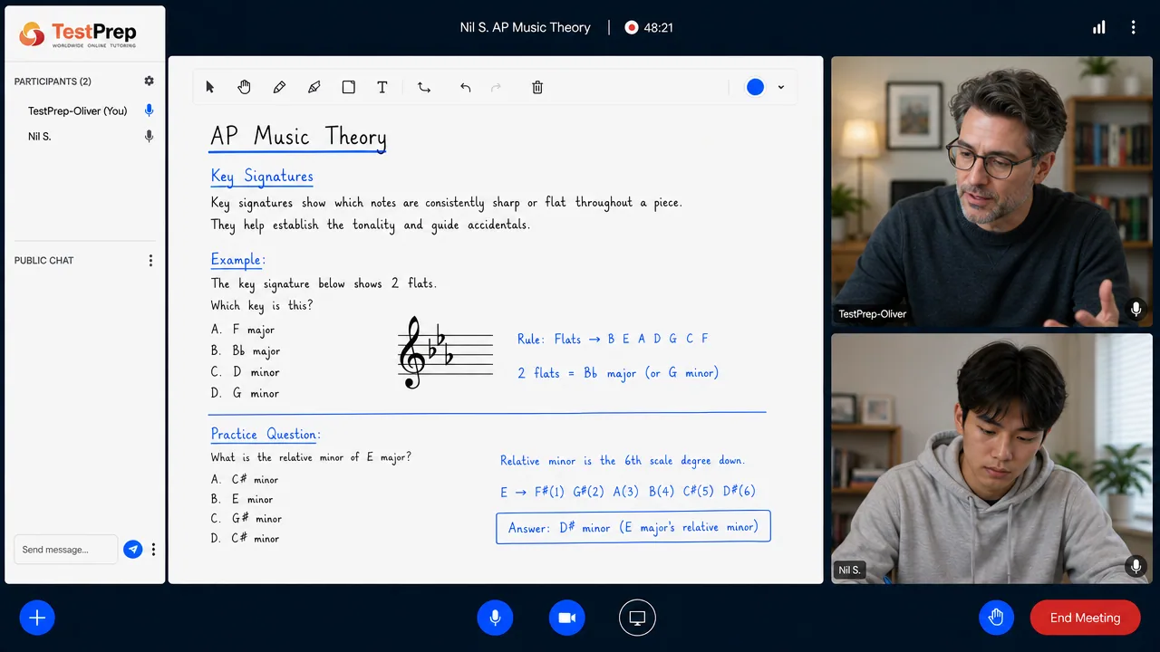 TestPrep sınıfında AP Music Theory birebir dersi — eğitmen ve öğrenci tahtada birlikte çalışıyor
