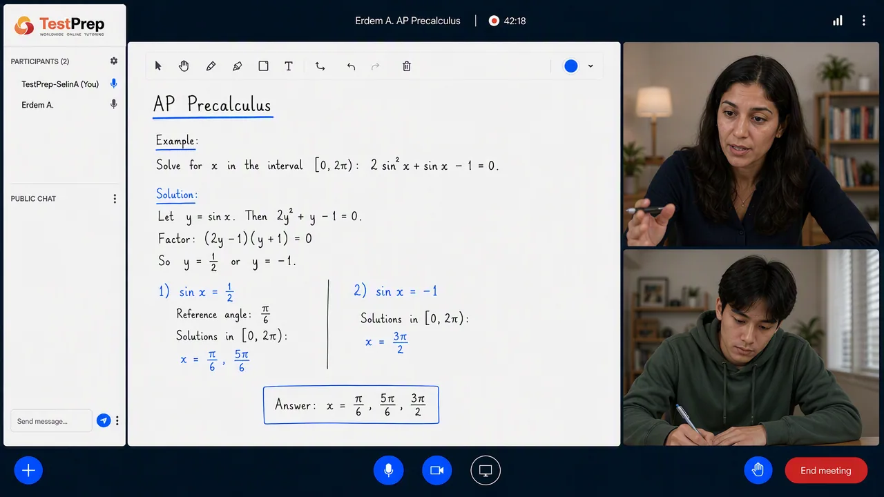 TestPrep sınıfında AP Precalculus birebir dersi — eğitmen ve öğrenci tahtada birlikte çalışıyor