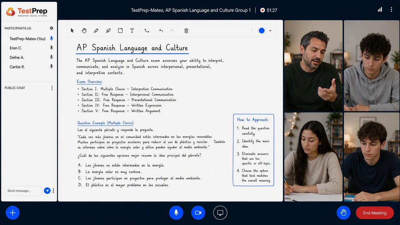 TestPrep sınıfında AP Spanish Language & Culture canlı online ders görünümü