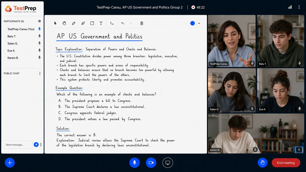 TestPrep sınıfında AP U.S. Government & Politics grup dersi görünümü