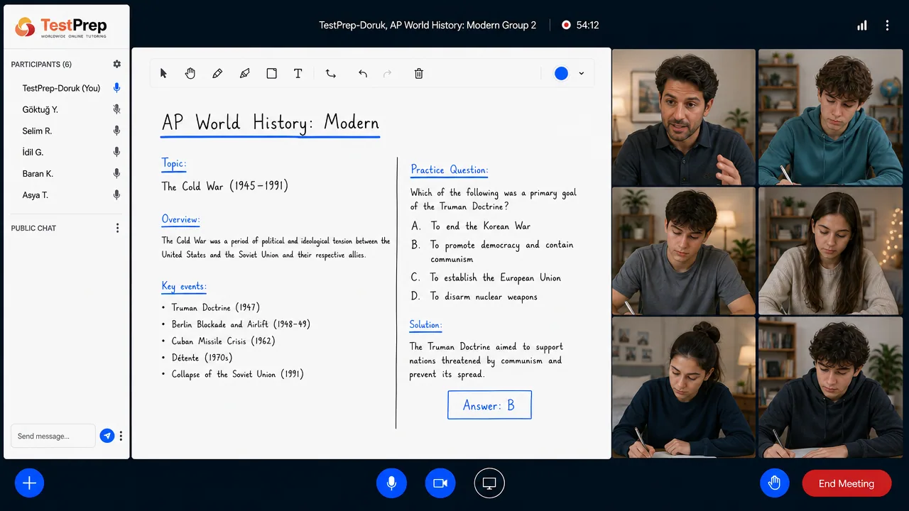 TestPrep sınıfında AP World History grup dersi görünümü
