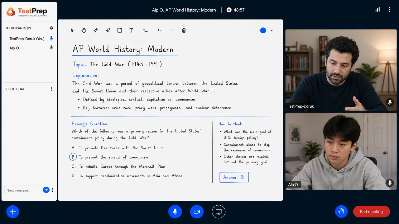 TestPrep sınıfında AP World History birebir dersi — eğitmen ve öğrenci tahtada birlikte çalışıyor
