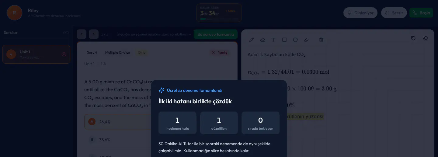Ücretsiz deneme bitti ekranı: incelenen ve düzeltilen soru sayısı, sırada bekleyen sorular ve 30 dakikayla kaldığın yerden devam etme notu.