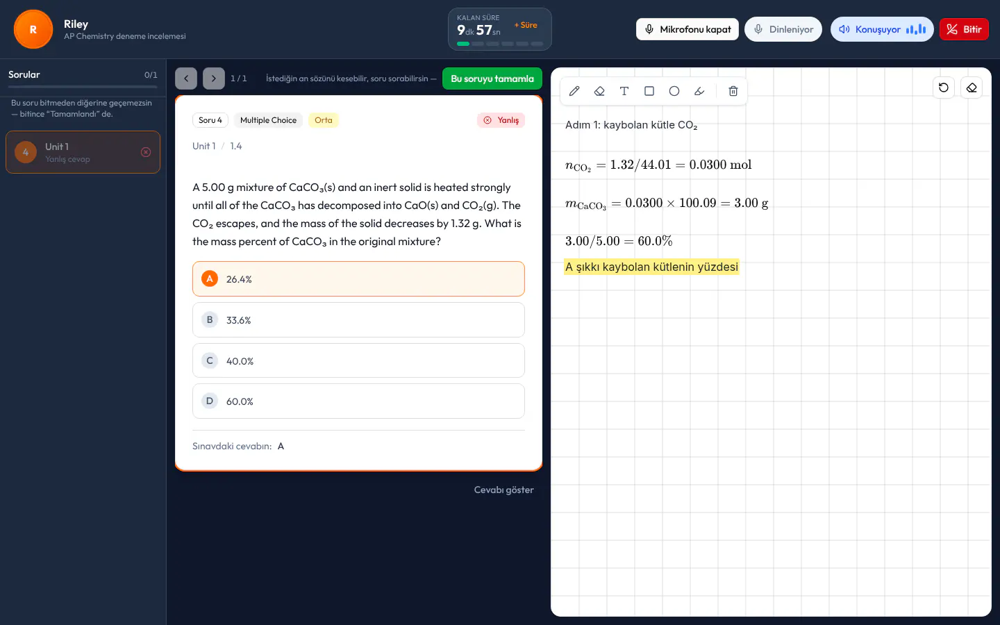 AI Tutor ders ekranı: solda yanlış ve boş bırakılan sorular, ortada bir AP Chemistry çoktan seçmeli sorusu (bir karışımdaki CaCO₃'ün kütle yüzdesi), sağda AI Tutor'un tahtaya alt alta yazdığı adımlar.
